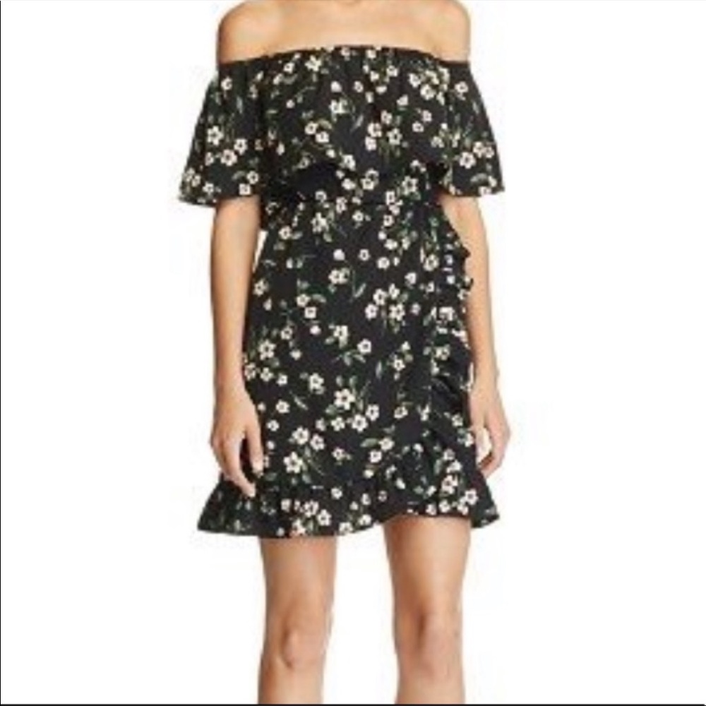 Aqua black floral off the shoulder dress in XS